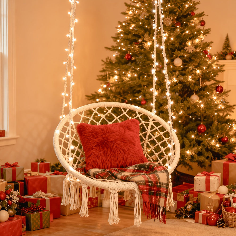 Hanging Chair, Macrame Hammock Swing with Lights & Hardware Kit Holds 550 Lbs Cotton Rope shown in the main product view