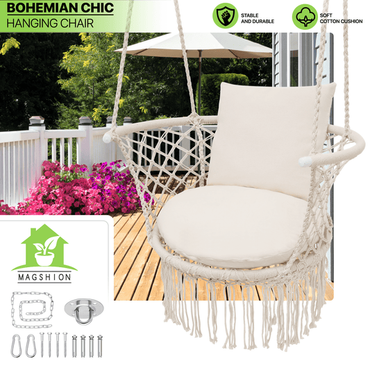 Hanging Swing Chair, Macrame Boho Style - Rope Hammock Chair with Tassels, Arched Backrest shown in the main product view