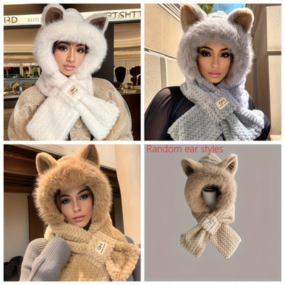 Hats & Scarves - Hooded Scarf Hat Set 2 Pack Plush Cartoon Ear Warm Winter Hat Windproof - product detail view 2