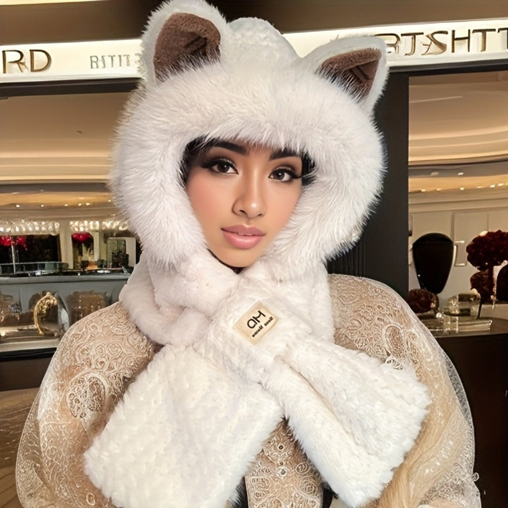 Hats & Scarves - Hooded Scarf Hat Set 2 Pack Plush Cartoon Ear Warm Winter Hat Windproof - product detail view 4