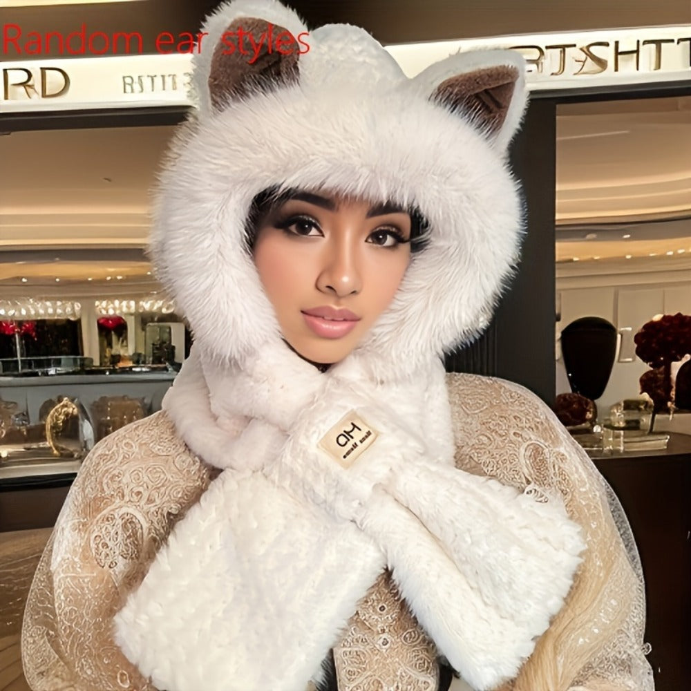 Hats & Scarves - Hooded Scarf Hat Set 2 Pack Plush Cartoon Ear Warm Winter Hat Windproof - product detail view 7