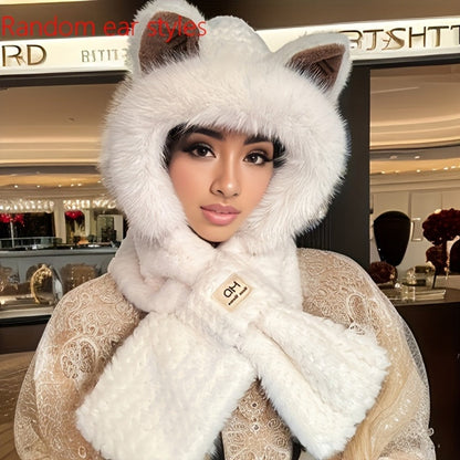 Hats & Scarves - Hooded Scarf Hat Set 2 Pack Plush Cartoon Ear Warm Winter Hat Windproof - product detail view 7