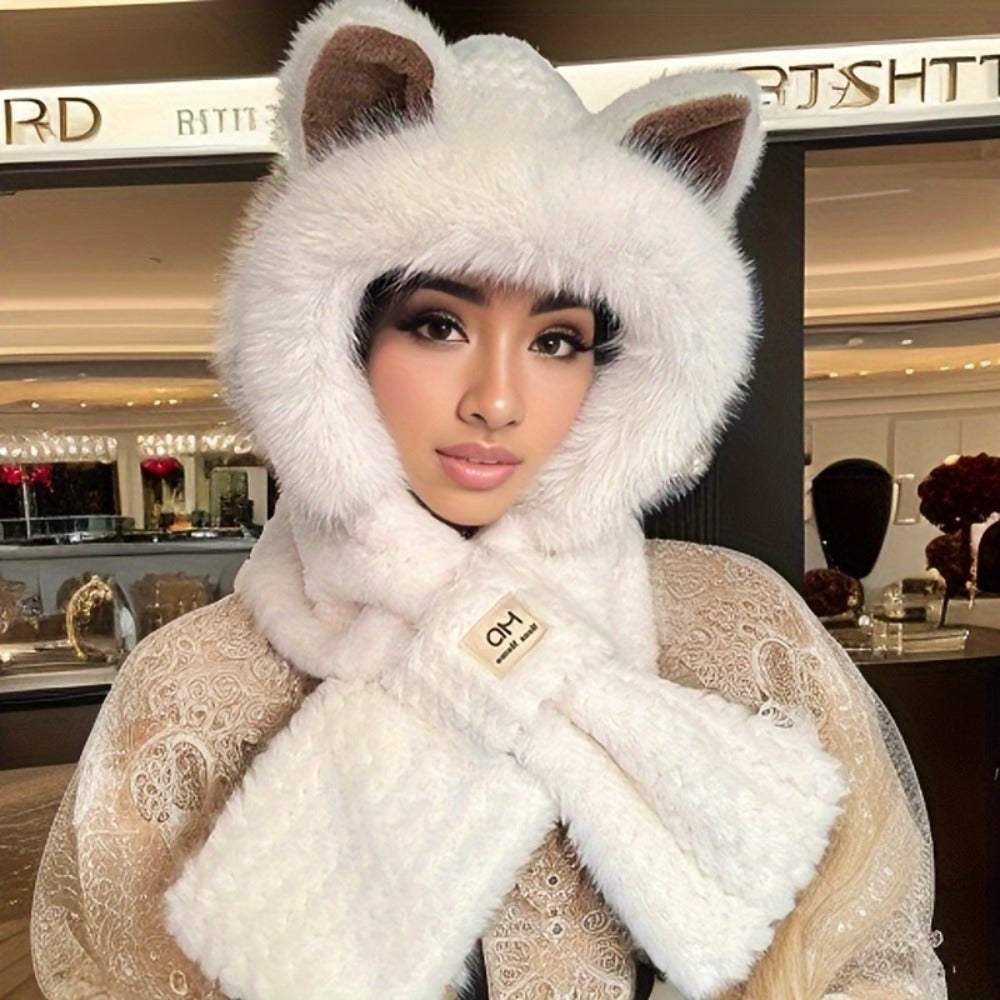 Hats & Scarves - Hooded Scarf Hat Set 2 Pack Plush Cartoon Ear Warm Winter Hat Windproof - product detail view 10