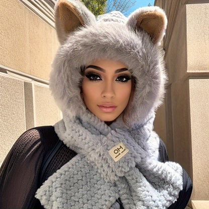 Hats & Scarves - Hooded Scarf Hat Set 2 Pack Plush Cartoon Ear Warm Winter Hat Windproof - product detail view 11