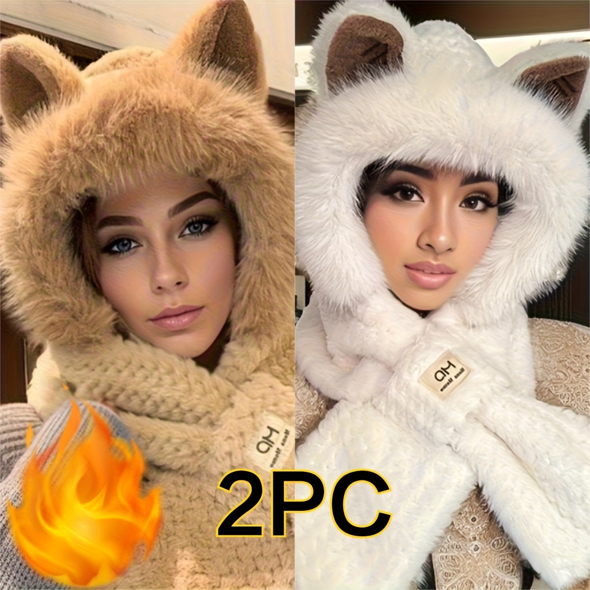Hats & Scarves - Hooded Scarf Hat Set 2 Pack Plush Cartoon Ear Warm Winter Hat Windproof - product detail view 13