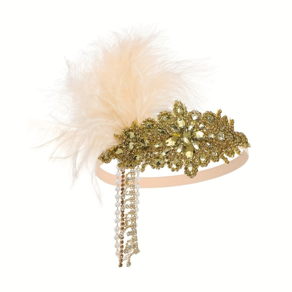 Headband for Women - 1920s Flapper for - Feather Headpiece with Chain - Roaring 20s Great - product detail view 7
