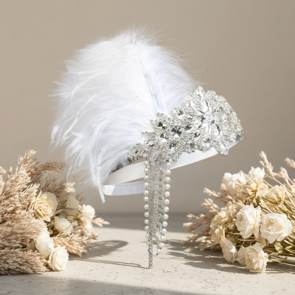 Headband for Women - 1920s Flapper for - Feather Headpiece with Chain - Roaring 20s Great - product detail view 10
