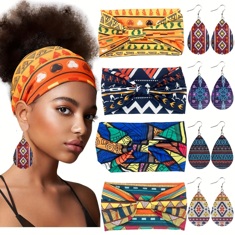 Headband for Women - African Set for 4 Pcs Boho Wide Headscarf, Yoga Hair Bands, Earrings & - product detail view 4