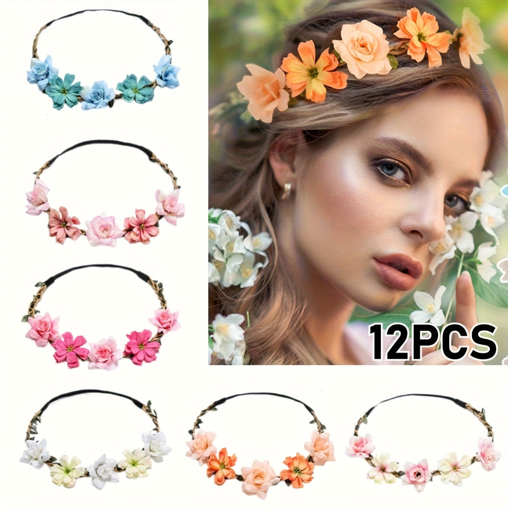 Headband for Women - Boho Floral Crown 12pcs - Adjustable Tiara Set for - Bohemian Bridal - main product view