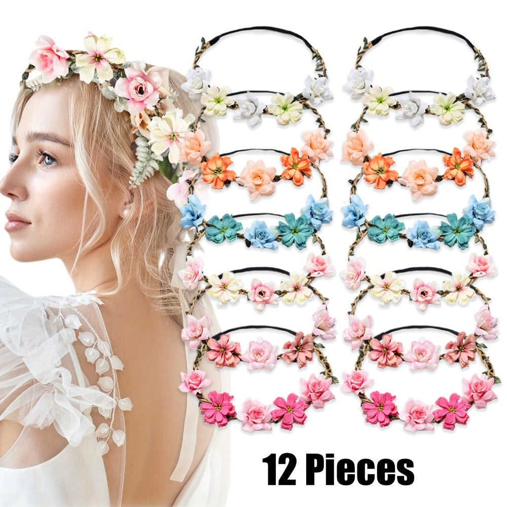Headband for Women - Boho Floral Crown 12pcs - Adjustable Tiara Set for - Bohemian Bridal - product detail view 4