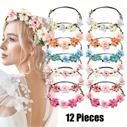 Headband for Women - Boho Floral Crown 12pcs - Adjustable Tiara Set for - Bohemian Bridal - product detail view 4