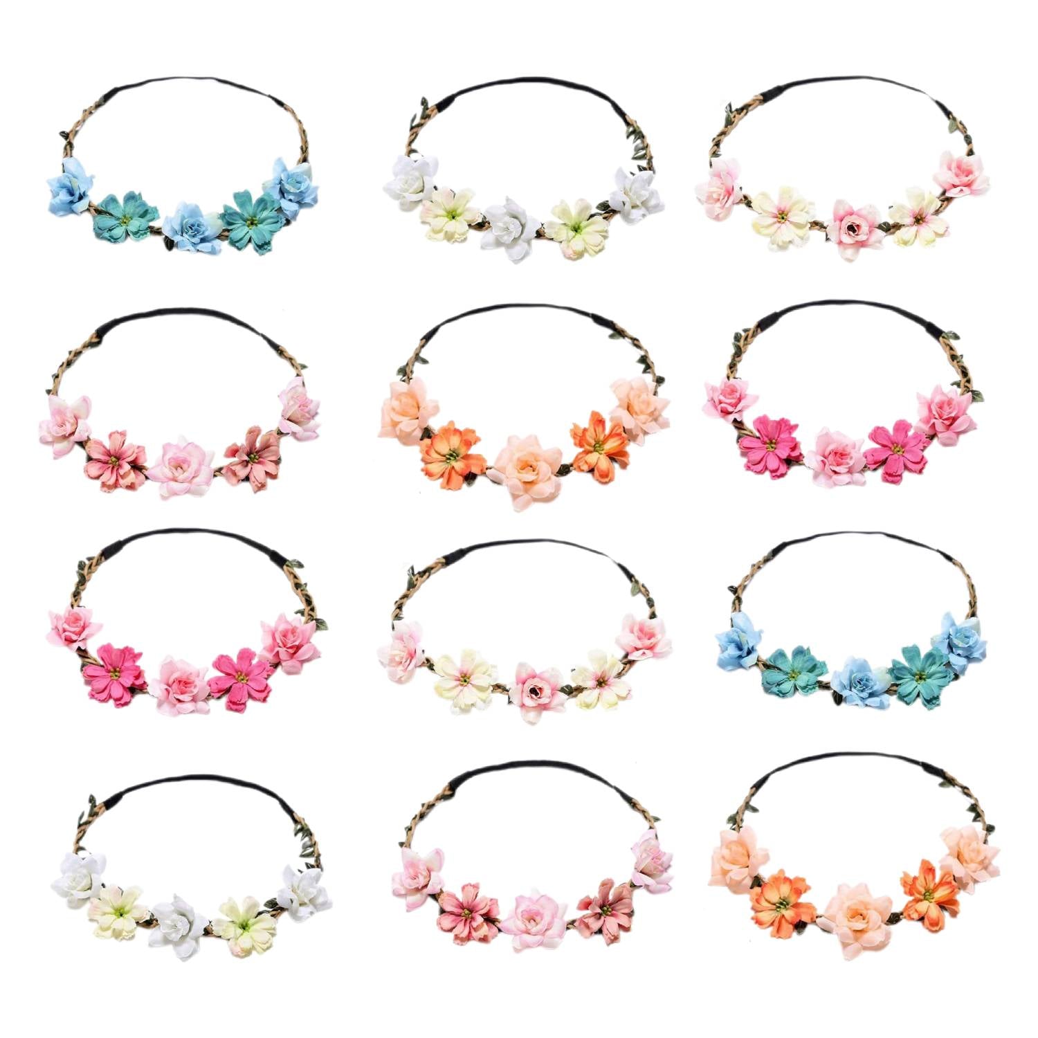 Headband for Women - Boho Floral Crown 12pcs - Adjustable Tiara Set for - Bohemian Bridal - product detail view 12