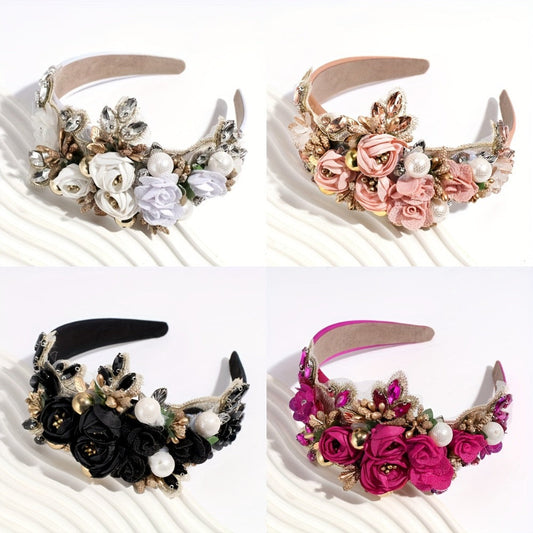 Headband for Women - Pearl Rhinestone for Baroque Floral Fabric Hair Band Sparkling Crystal - main product view