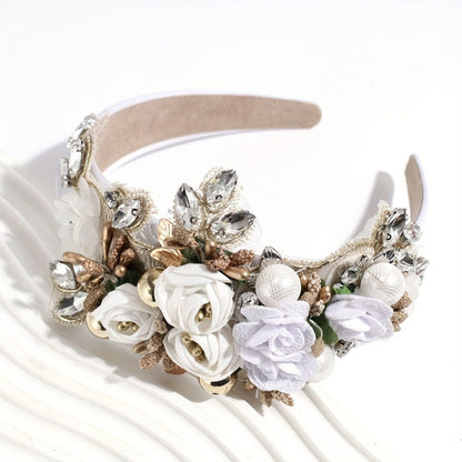 Headband for Women - Pearl Rhinestone for Baroque Floral Fabric Hair Band Sparkling Crystal - product detail view 3