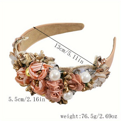 Headband for Women - Pearl Rhinestone for Baroque Floral Fabric Hair Band Sparkling Crystal - product detail view 4