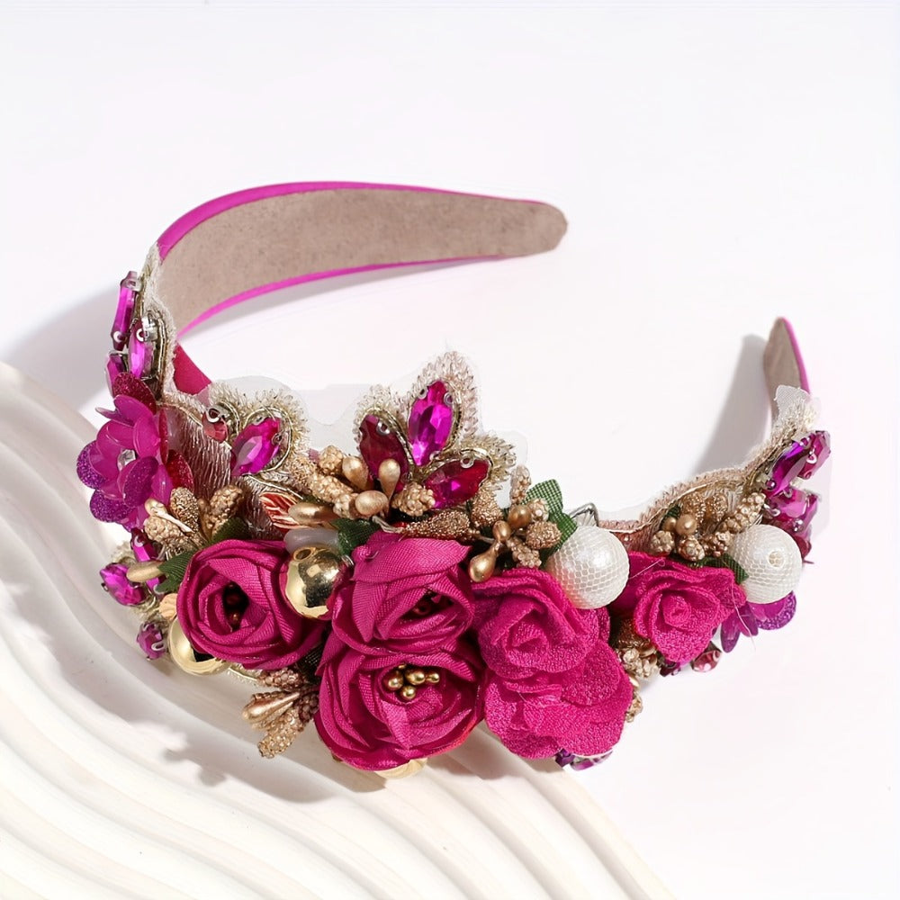 Headband for Women - Pearl Rhinestone for Baroque Floral Fabric Hair Band Sparkling Crystal - product detail view 6
