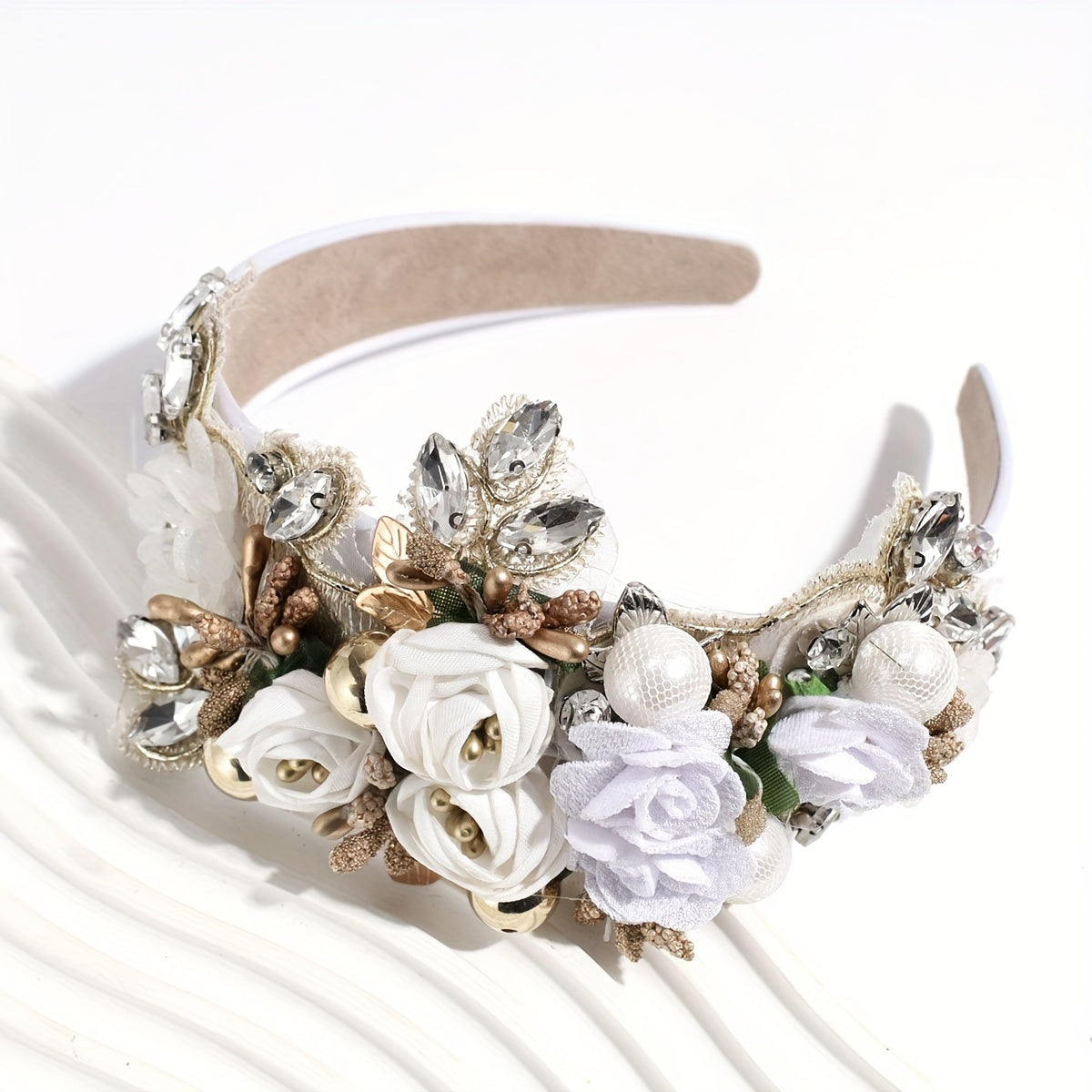 Headband for Women - Pearl Rhinestone for Baroque Floral Fabric Hair Band Sparkling Crystal - product detail view 8