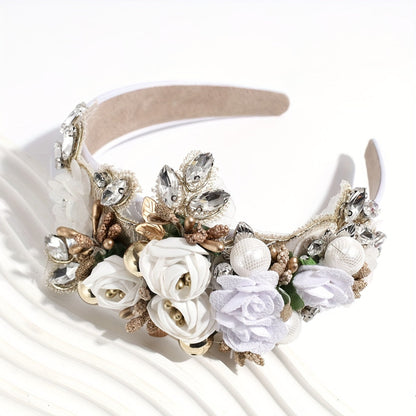 Headband for Women - Pearl Rhinestone for Baroque Floral Fabric Hair Band Sparkling Crystal - product detail view 8