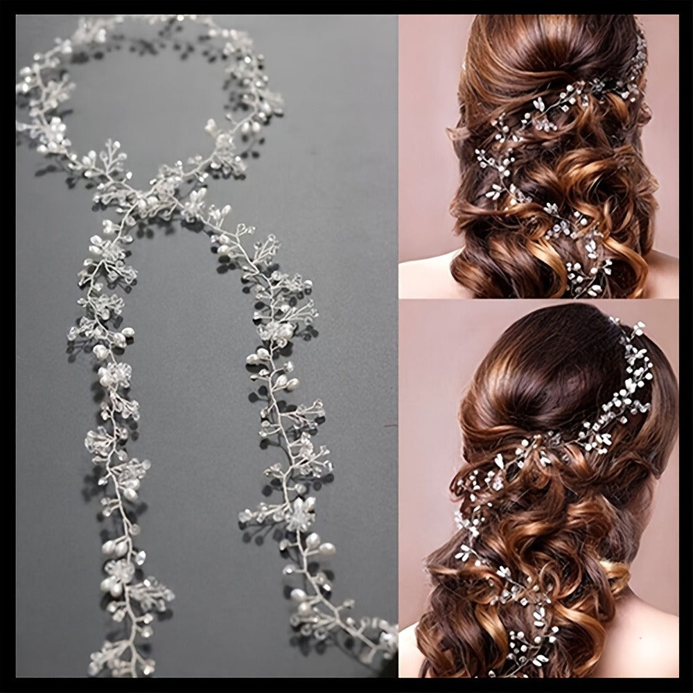 Headband for Women - Pearl Rhinestone Bridal Silver Soft Chain Imitation Pearl Hair Band - product detail view 2
