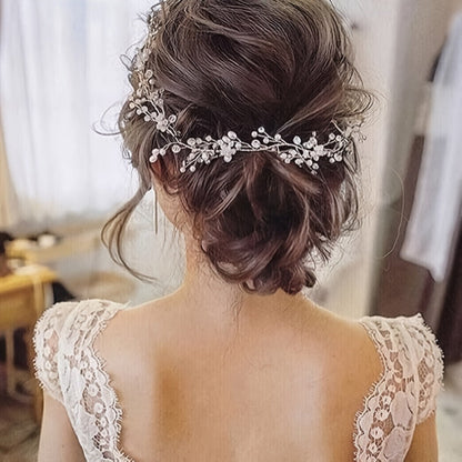 Headband for Women - Pearl Rhinestone Bridal Silver Soft Chain Imitation Pearl Hair Band - product detail view 3