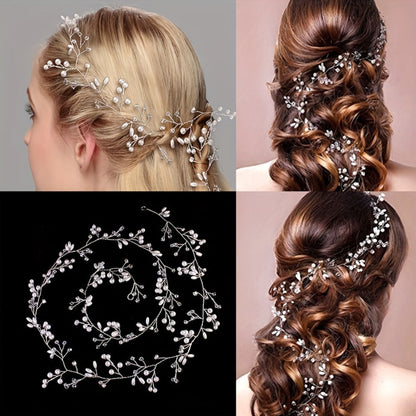 Headband for Women - Pearl Rhinestone Bridal Silver Soft Chain Imitation Pearl Hair Band - product detail view 6