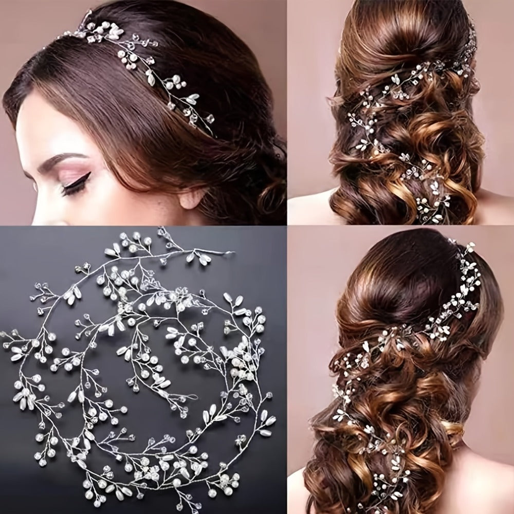 Headband for Women - Pearl Rhinestone Bridal Silver Soft Chain Imitation Pearl Hair Band - product detail view 7