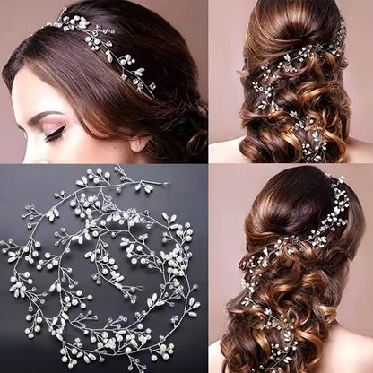 Headband for Women - Pearl Rhinestone Bridal Silver Soft Chain Imitation Pearl Hair Band - product detail view 7