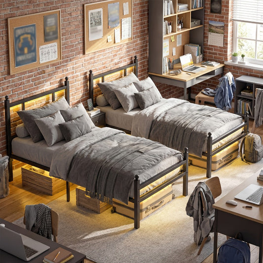 Heavy-Duty Metal Bed Frame with Charging Station and LED Lighting detail image