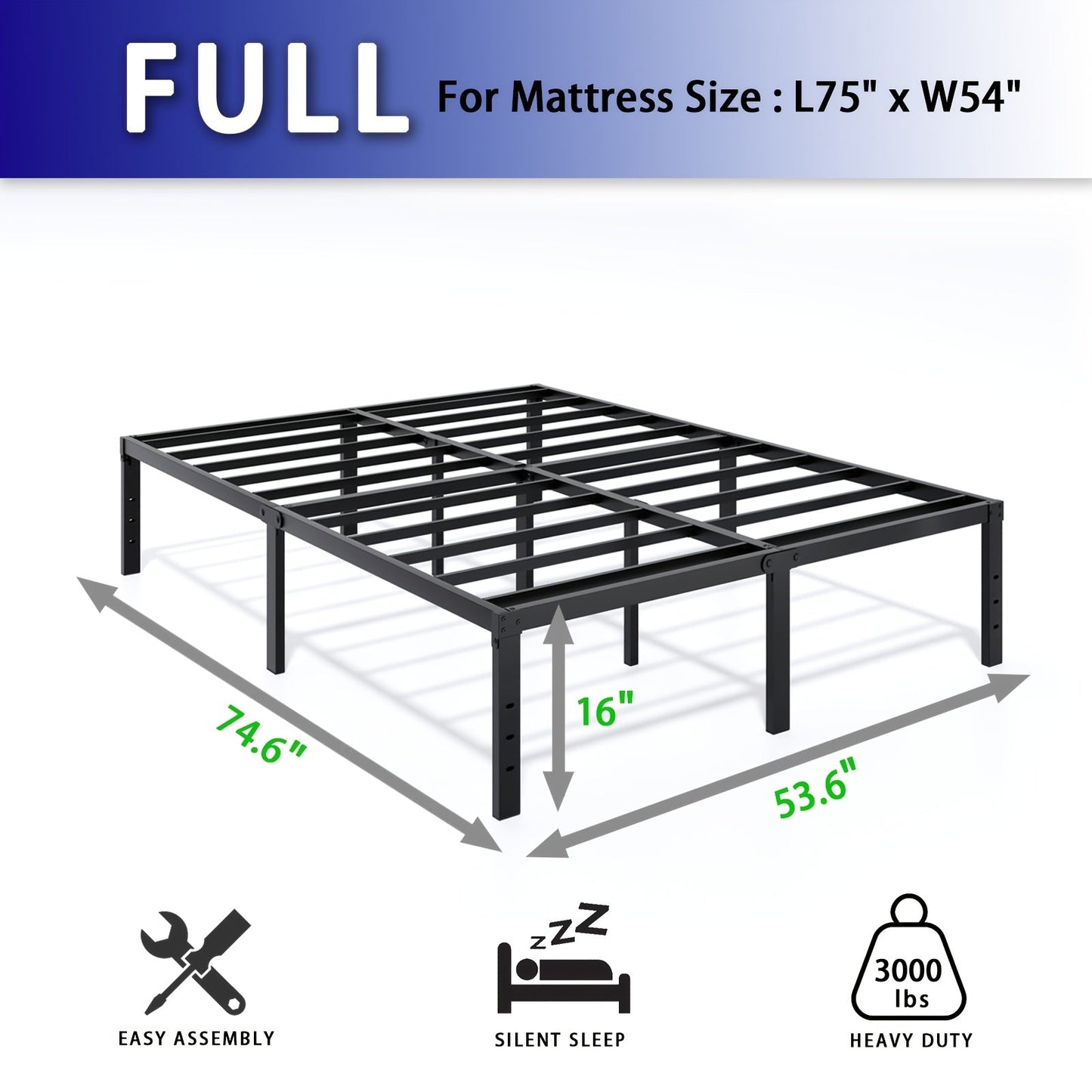 Bed Frame shown in the FULL, 16inch option