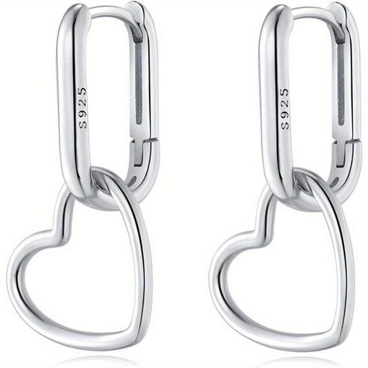 Hoop Earrings for Women - 925 Silver Heart Drop Hoop, Rectangular Link Style - 925 silver detail