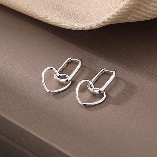 Hoop Earrings for Women - 925 Silver Heart Drop Hoop, Rectangular Link Style - product detail view 2