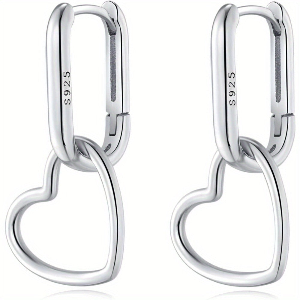 Hoop Earrings for Women - 925 Silver Heart Drop Hoop, Rectangular Link Style - 925 silver detail
