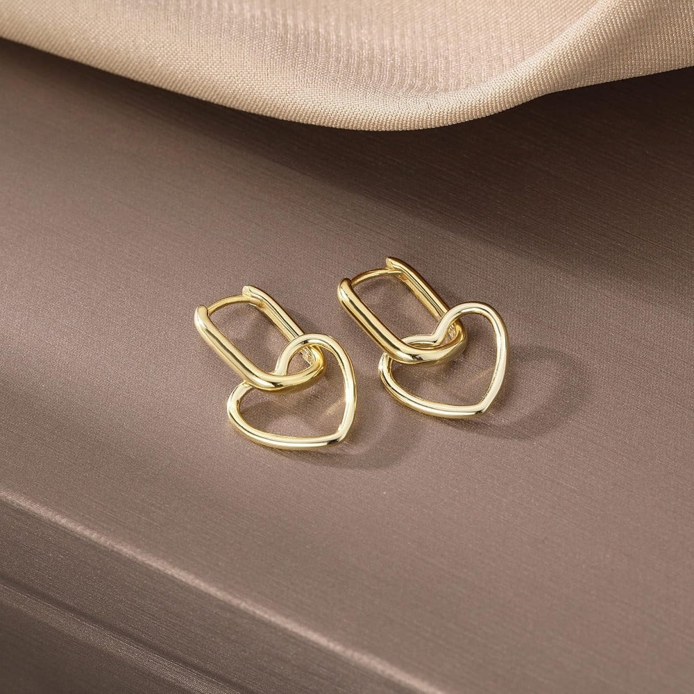 Hoop Earrings for Women - 925 Silver Heart Drop Hoop, Rectangular Link Style - product detail view 4