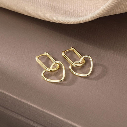 Hoop Earrings for Women - 925 Silver Heart Drop Hoop, Rectangular Link Style - product detail view 4