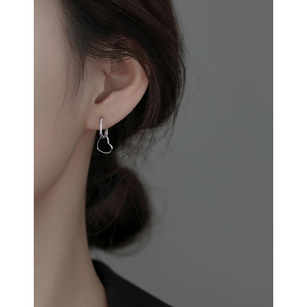 Hoop Earrings for Women - 925 Silver Heart Drop Hoop, Rectangular Link Style - product detail view 5