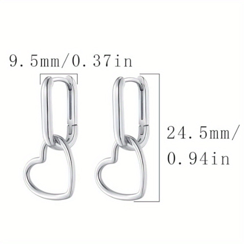 Hoop Earrings for Women - 925 Silver Heart Drop Hoop, Rectangular Link Style - size chart 9.5mm/0.37in 24.5mm/