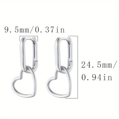 Hoop Earrings for Women - 925 Silver Heart Drop Hoop, Rectangular Link Style - size chart 9.5mm/0.37in 24.5mm/