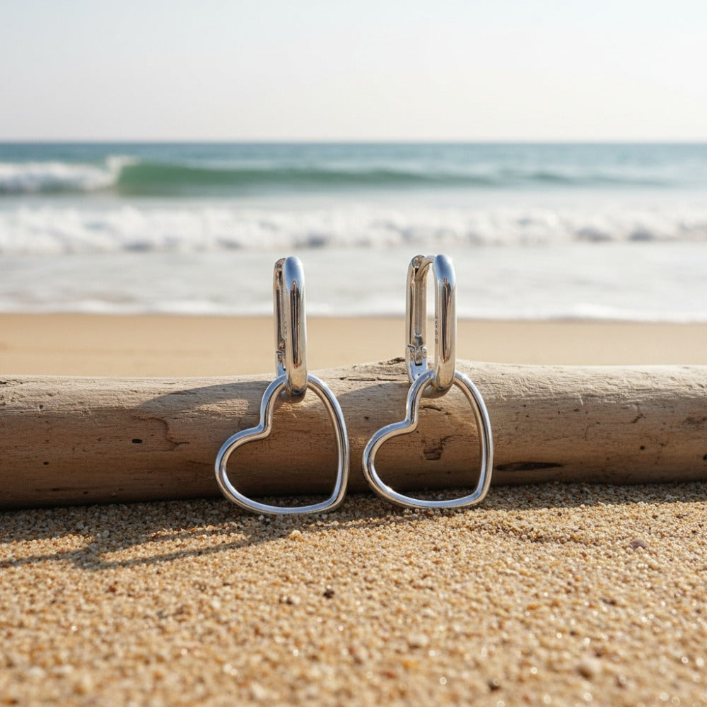 Hoop Earrings for Women - 925 Silver Heart Drop Hoop, Rectangular Link Style - product detail view 7