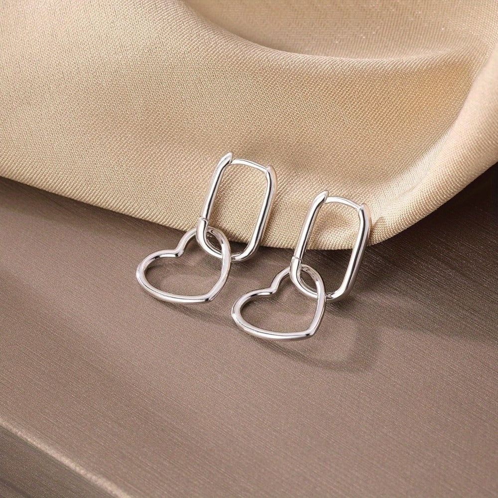 Hoop Earrings for Women - 925 Silver Heart Drop Hoop, Rectangular Link Style - product detail view 8