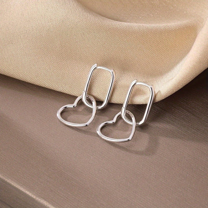Hoop Earrings for Women - 925 Silver Heart Drop Hoop, Rectangular Link Style - product detail view 8