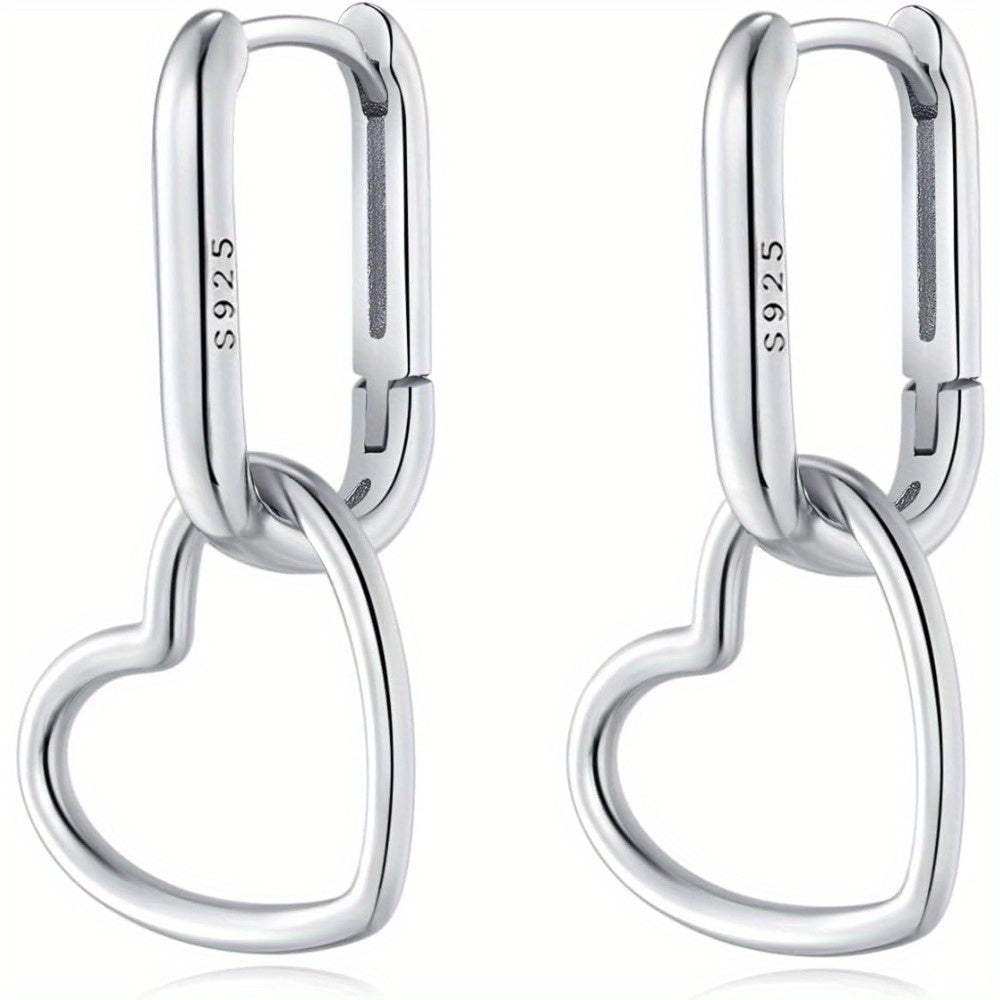 Hoop Earrings for Women - 925 Silver Heart Drop Hoop, Rectangular Link Style - 925 silver detail