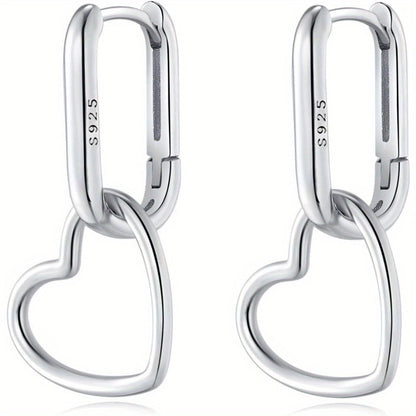 Hoop Earrings for Women - 925 Silver Heart Drop Hoop, Rectangular Link Style - 925 silver detail