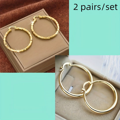 Hoop Earrings for Women - Copper Circle 2 Pairs Set - Gold Plated for , Twisted & Smooth Style - product detail view 10