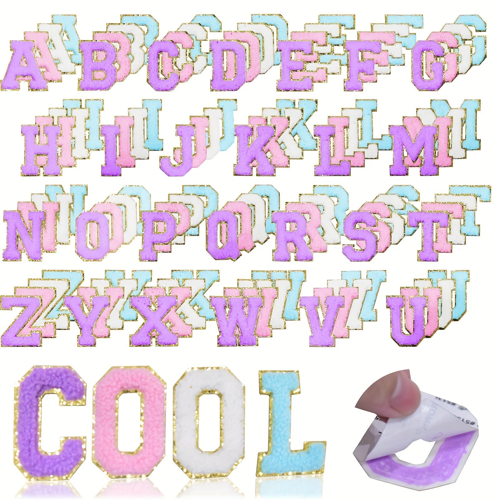 Iron-on Patches - on Letter 104pcs Non-Stick Alphabet Applique Set White Pink Purple Blue - product detail view 8