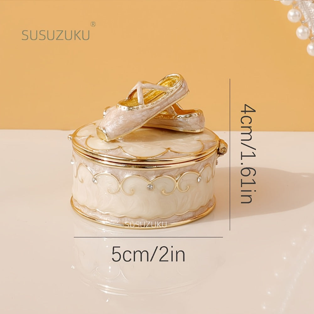 Jewelry Box - Ballet Shoes Trinket Vintage Enamel Metal Ring Holder Round Magnetic - product detail view 2