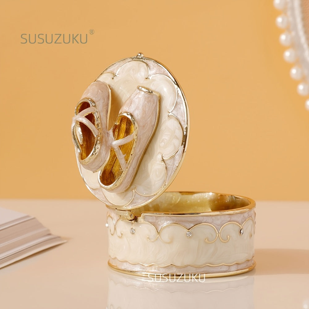 Jewelry Box - Ballet Shoes Trinket Vintage Enamel Metal Ring Holder Round Magnetic - product detail view 5