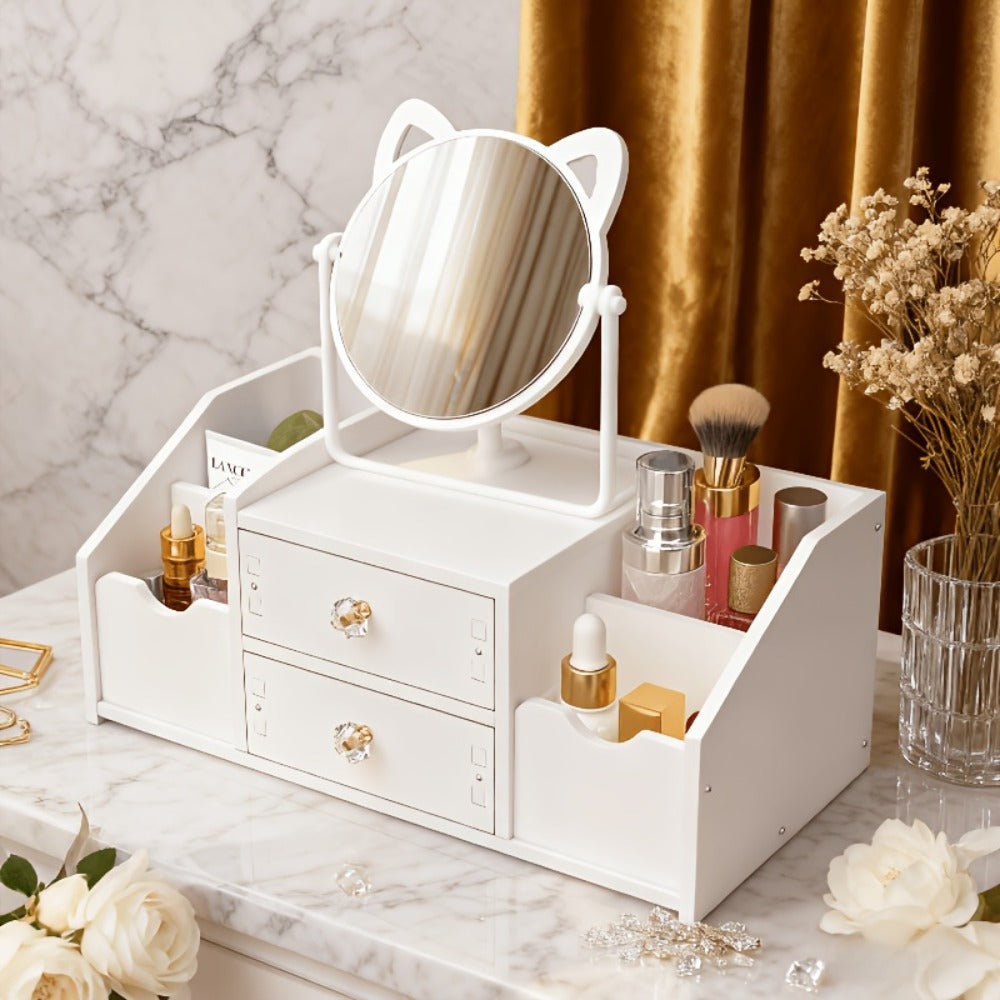 Jewelry Box - with Cat Ear Mirror Large Dressing Table Organizer for Bedroom Home - product detail view 2
