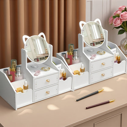 Jewelry Box - with Cat Ear Mirror Large Dressing Table Organizer for Bedroom Home - product detail view 4
