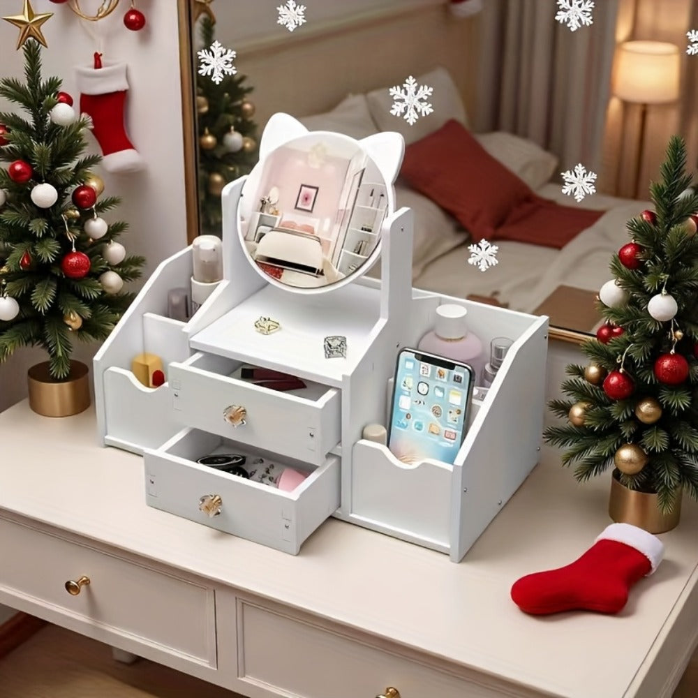 Jewelry Box - with Cat Ear Mirror Large Dressing Table Organizer for Bedroom Home - product detail view 8