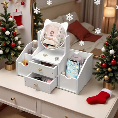 Jewelry Box - with Cat Ear Mirror Large Dressing Table Organizer for Bedroom Home - product detail view 8